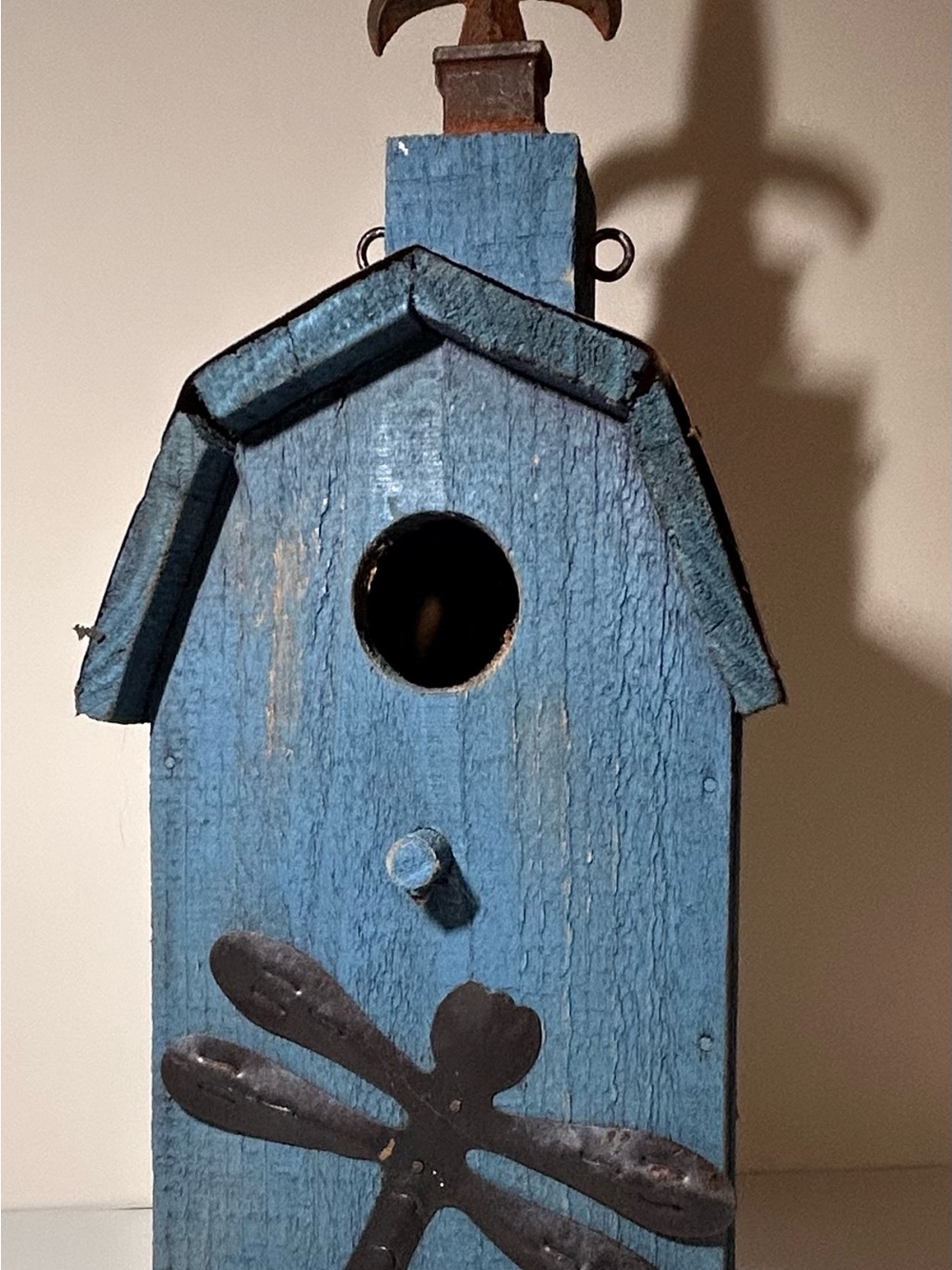 Blue Decorative Wooden Birdhouse with Dragonfly Accent